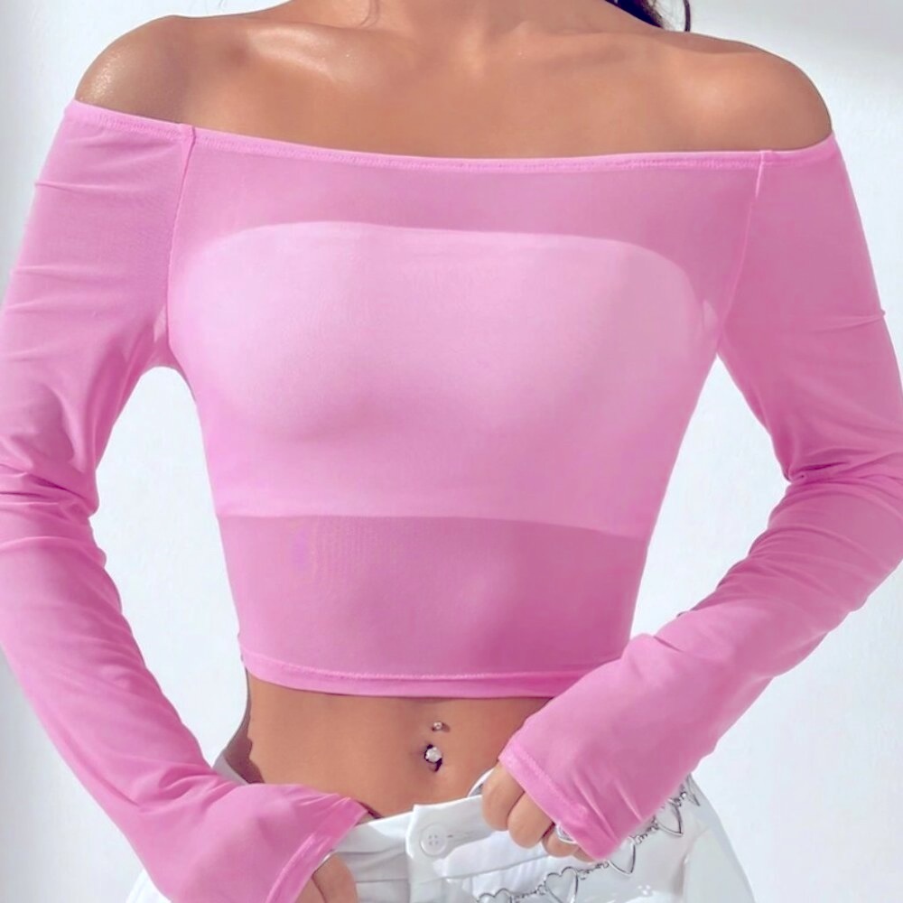 🍒 5/$25 🍒 Sheer Pink Off-the-shoulder Long Sleeve Top